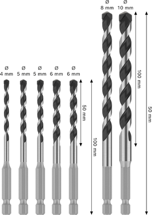 „Bosch PRO HEX-5“ grąžtų rinkinys, 7 dalys, su šešiakampiu kotu.